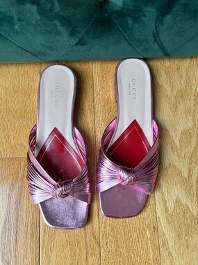 Gucci Metallic Pink Knot Slide Mules
